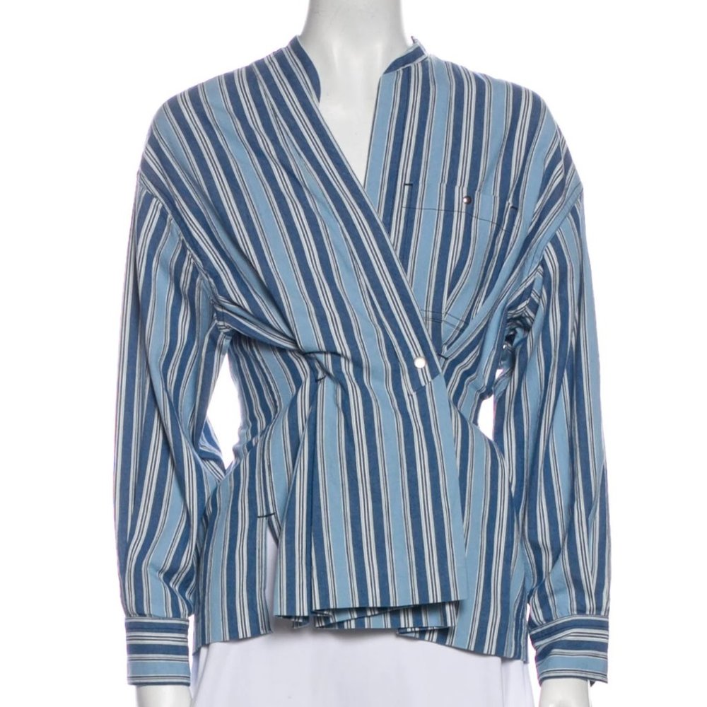 Isabel Marant Blue Striped Long Sleeve V-Neck Blouse